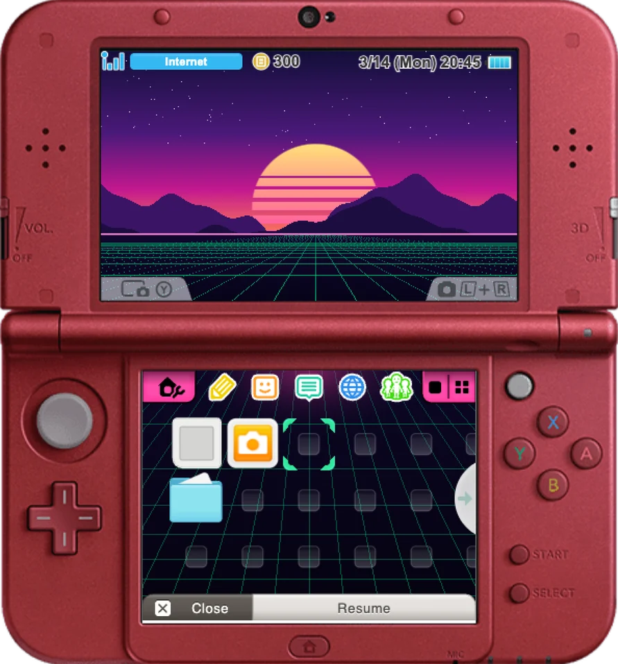 The 3DS theme editor's live preview of a custom theme on a New Nintendo 3DS XL